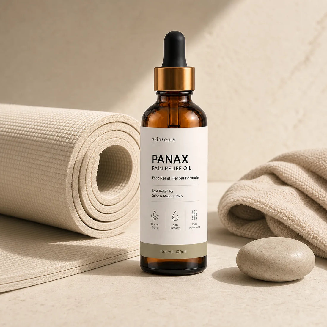 Panax massage oil beside a cream exercise mat for post-workout body care