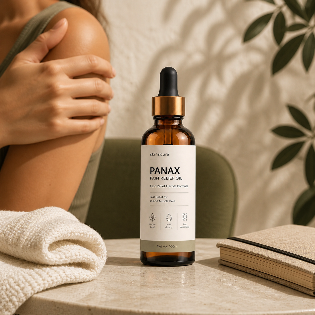 Panax massage oil with a gentle shoulder self-massage after desk work