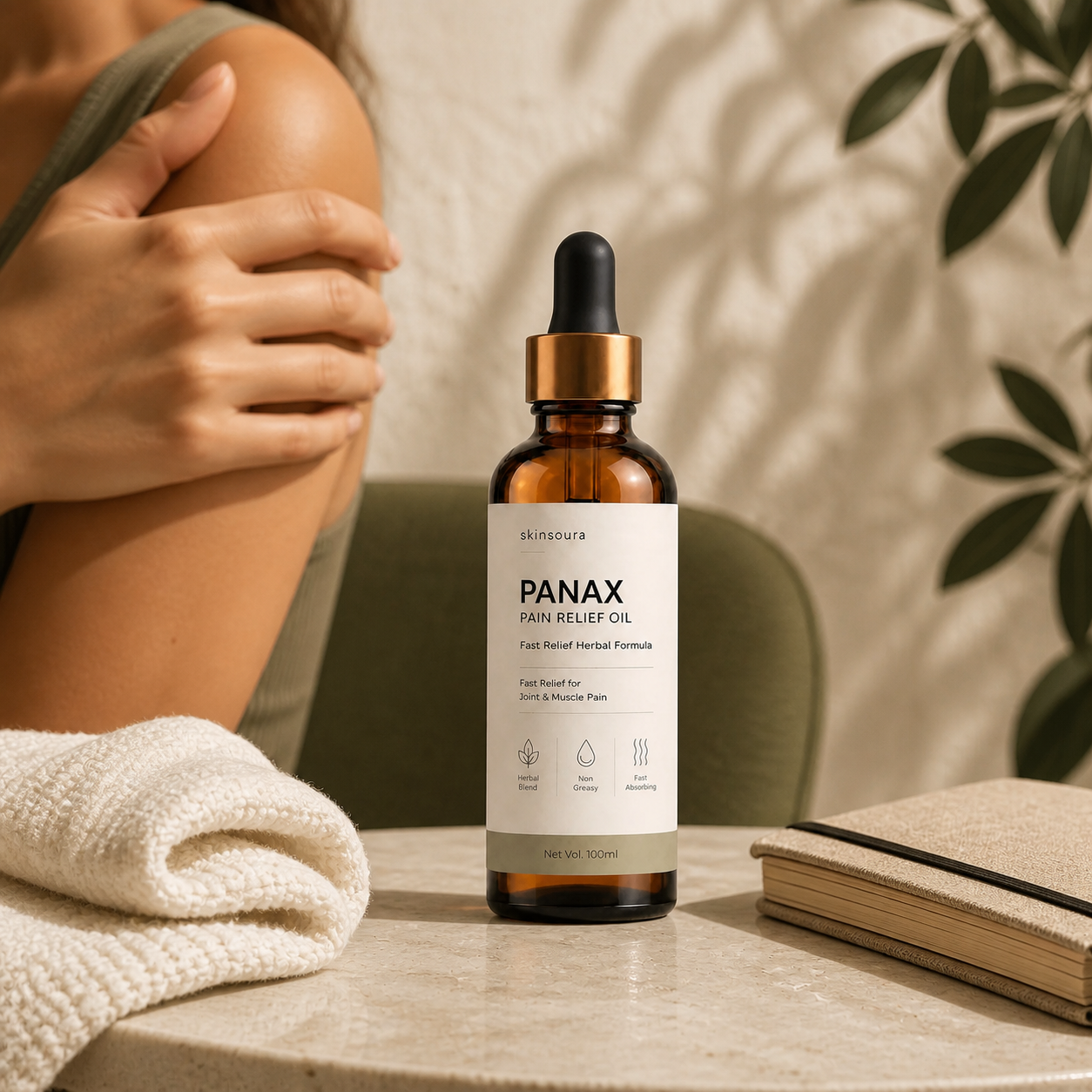 Panax massage oil with a gentle shoulder self-massage after desk work