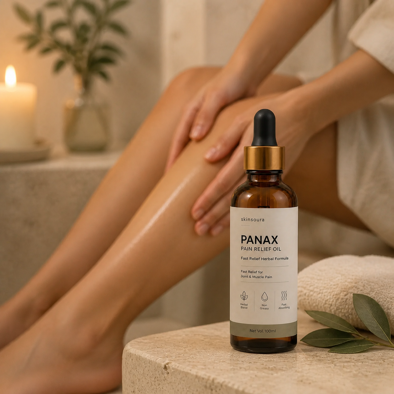 Panax evening leg massage oil ritual in a warm off-white setting