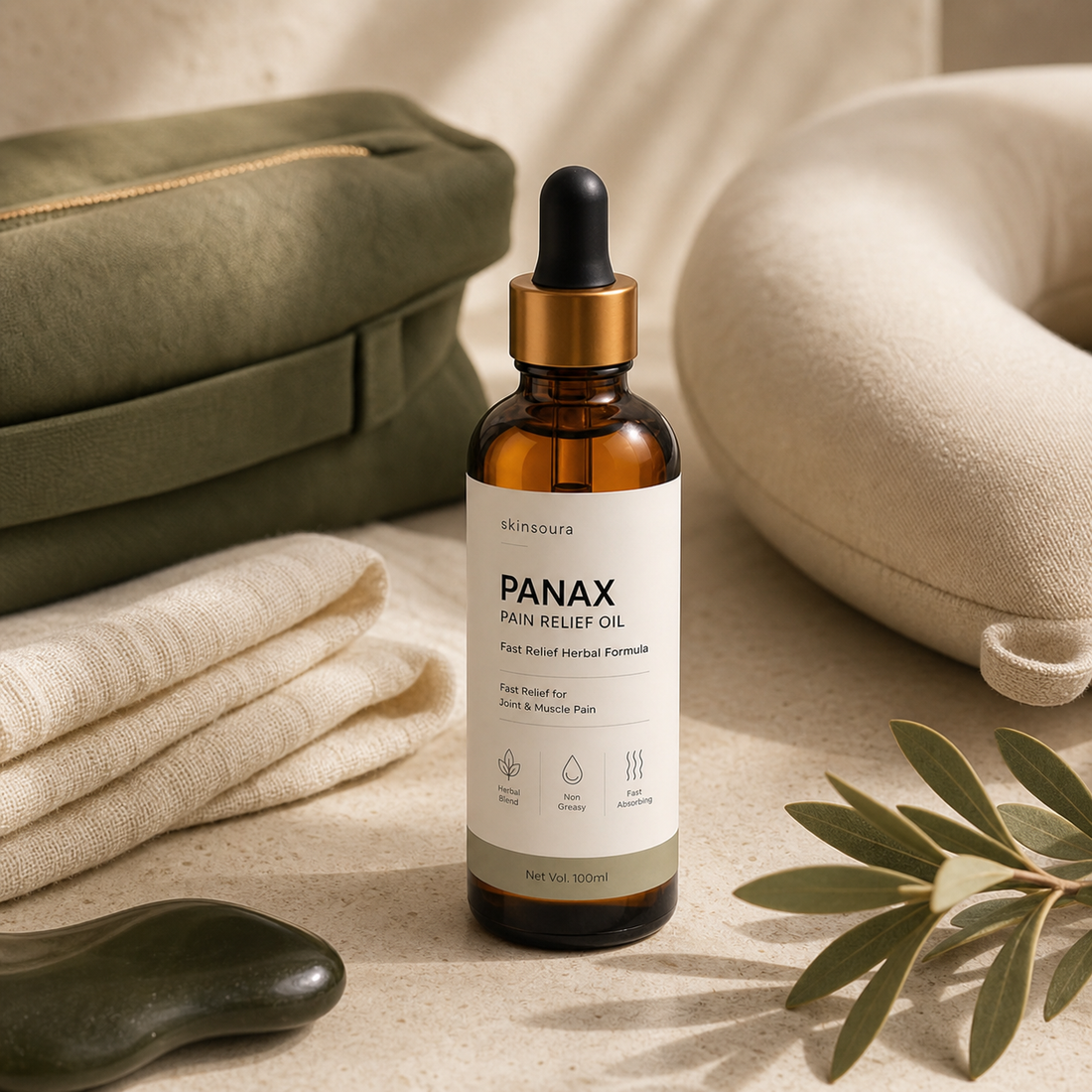 Panax travel massage oil beside an olive pouch and cream neck pillow