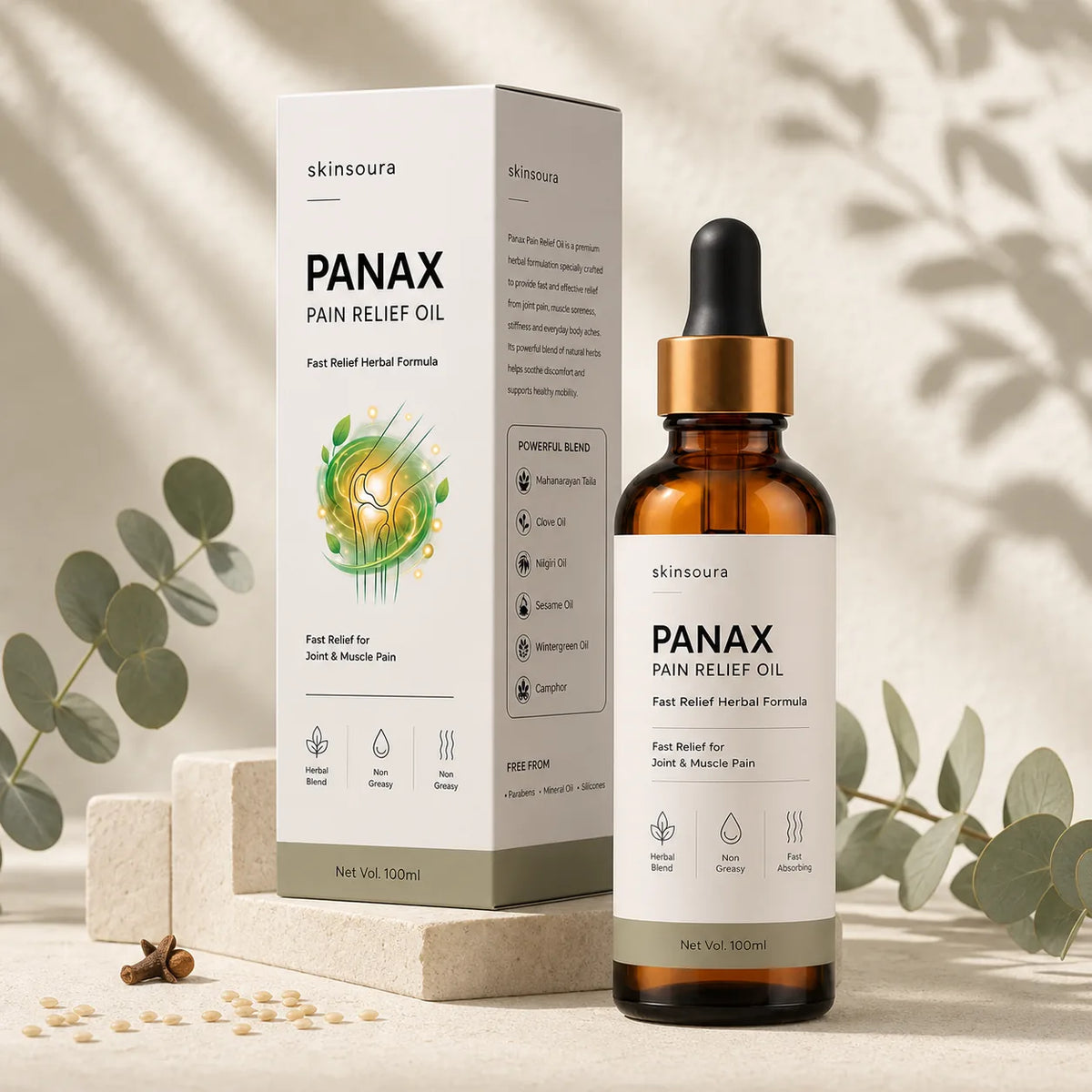 Skinsoura Panax bottle and box with restrained botanical ingredients