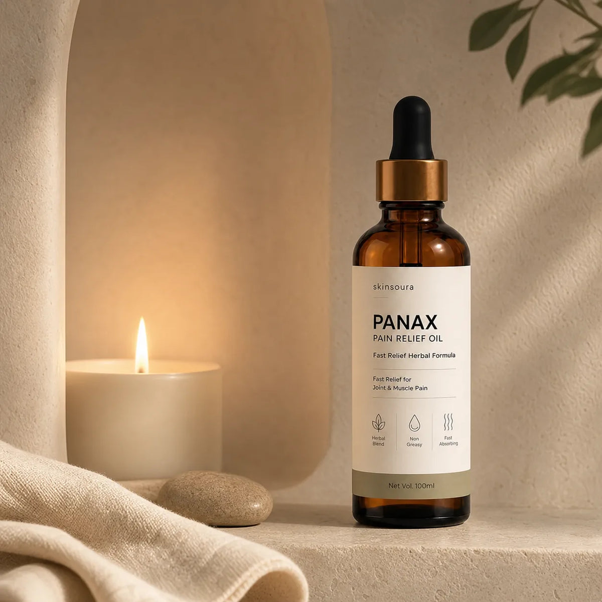 Skinsoura Panax massage oil in a warm candlelit off-white setting