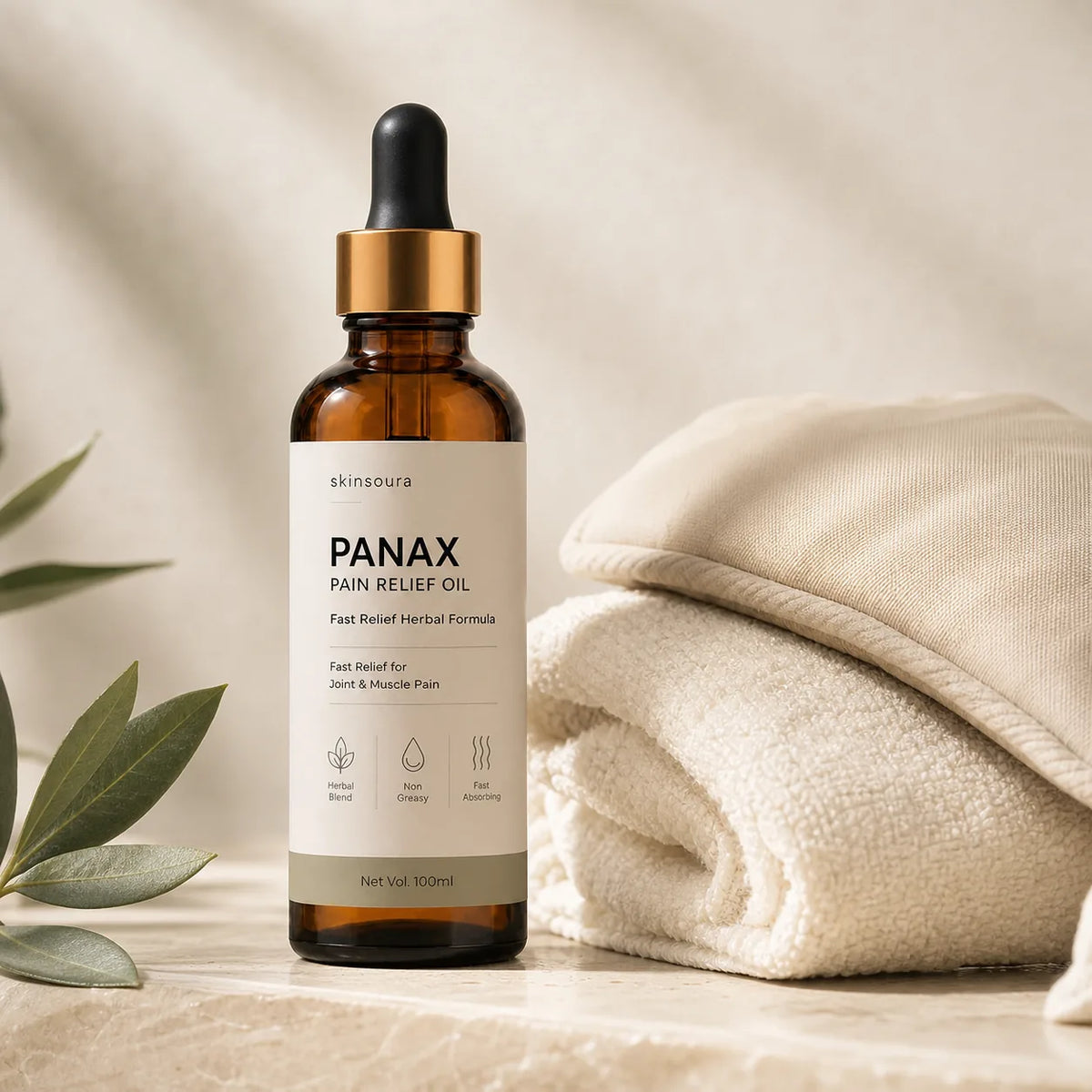 Skinsoura Panax massage oil with off-white towels for muscle relief