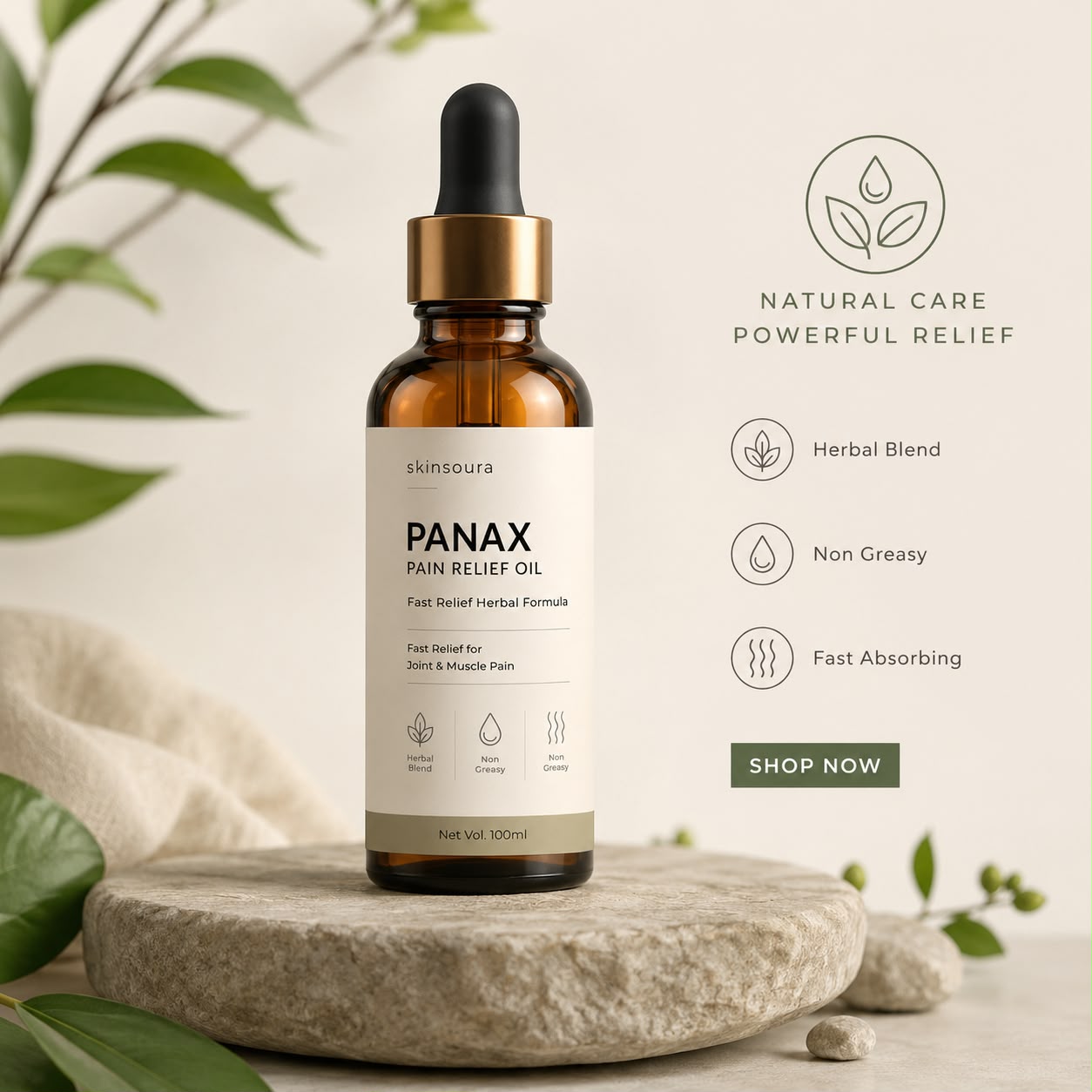 Skinsoura Panax botanical massage oil bottle with herbal blend benefits