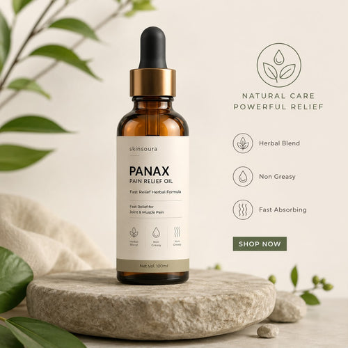 Skinsoura Panax botanical massage oil bottle with herbal blend benefits