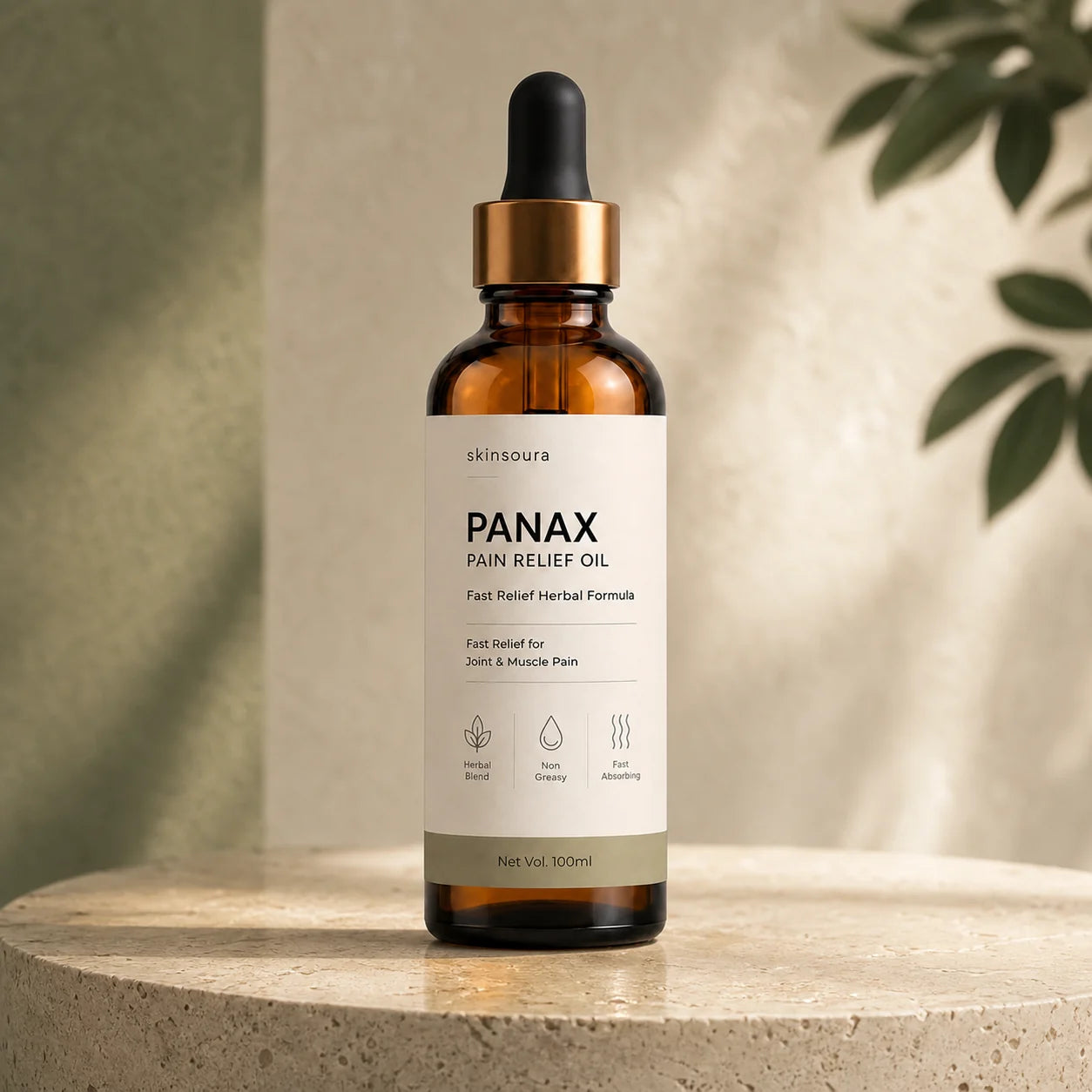 Skinsoura Panax Pain Relief Oil amber bottle on travertine in a botanical setting