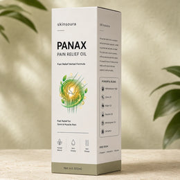 Skinsoura Panax Pain Relief Oil box in a premium cream and sage botanical setting
