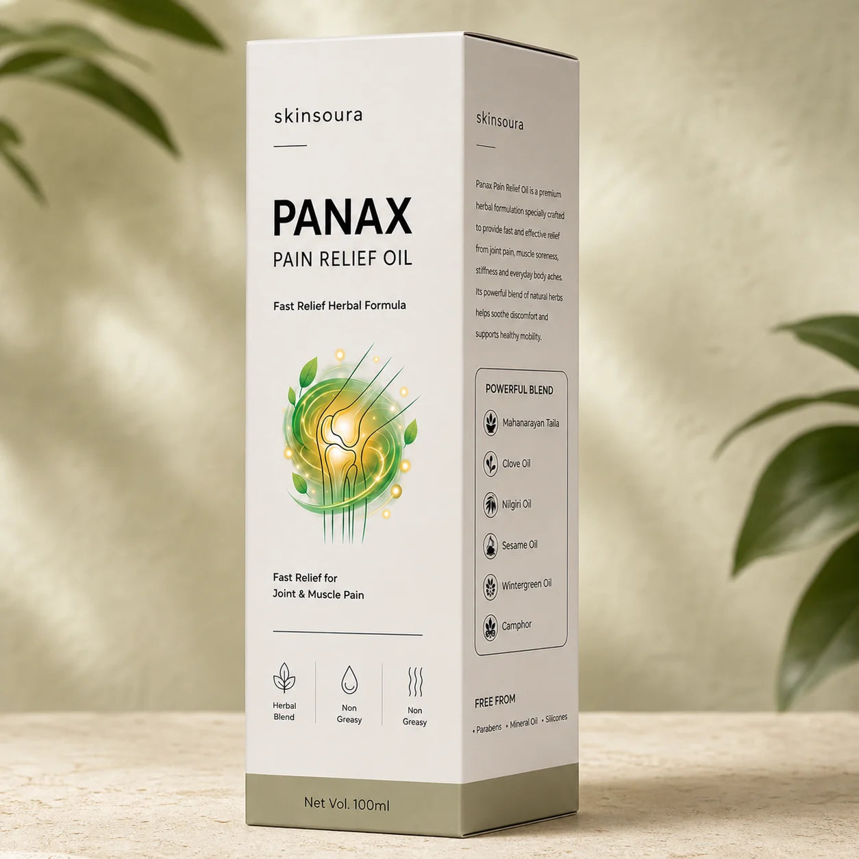 Skinsoura Panax Pain Relief Oil box in a premium cream and sage botanical setting