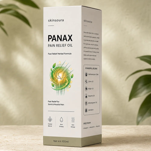 Skinsoura Panax Pain Relief Oil box in a premium cream and sage botanical setting